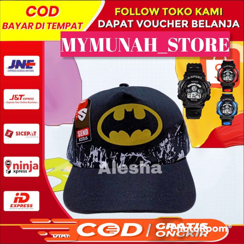 TOPI BORDIR ANAK KARAKTER SPIDERMAN BATMAN/2IN1 JAM SPORT ANAK KEREN