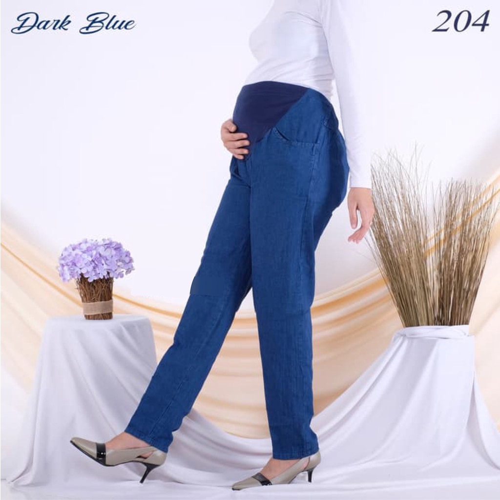celana hamil jeans pinggang karet pengatur ukuran jumbo kombinasi katun stretch sisi depan wanita - 
