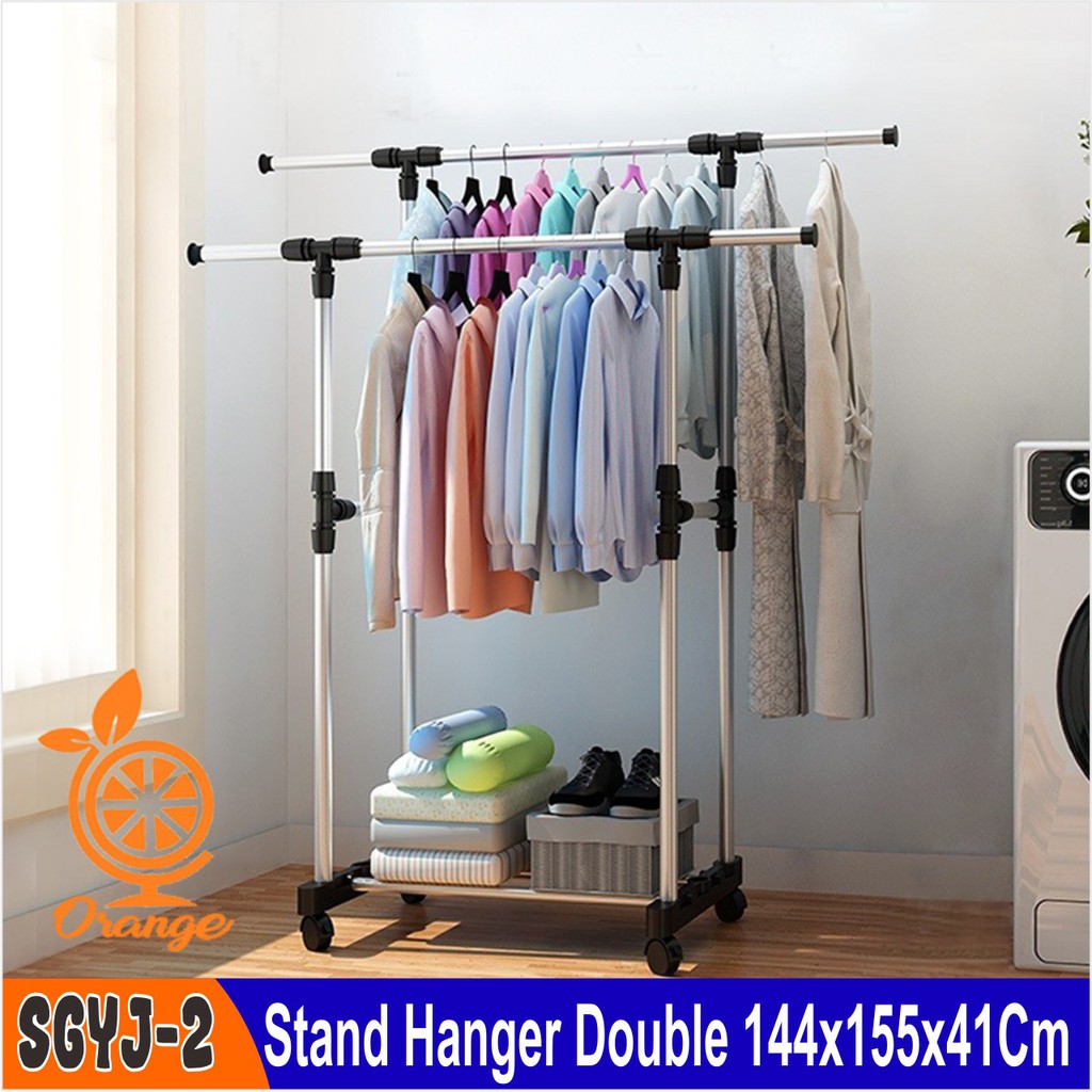 Stand Hanger Double 2 Sisi Rak Gantungan Baju Tiang Jemuran Pakaian di lengkapi degan roda