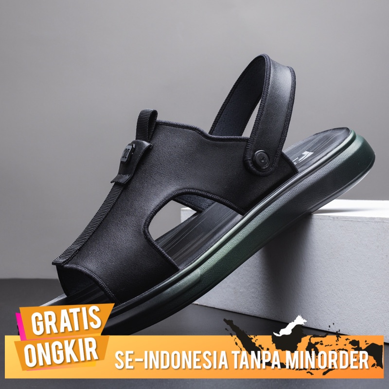 Sandal Kulit Pria Import Musim Panas Trendy Lembut Murni Hitam Beach Sepatu Pria Mode Luar Dua Pada 