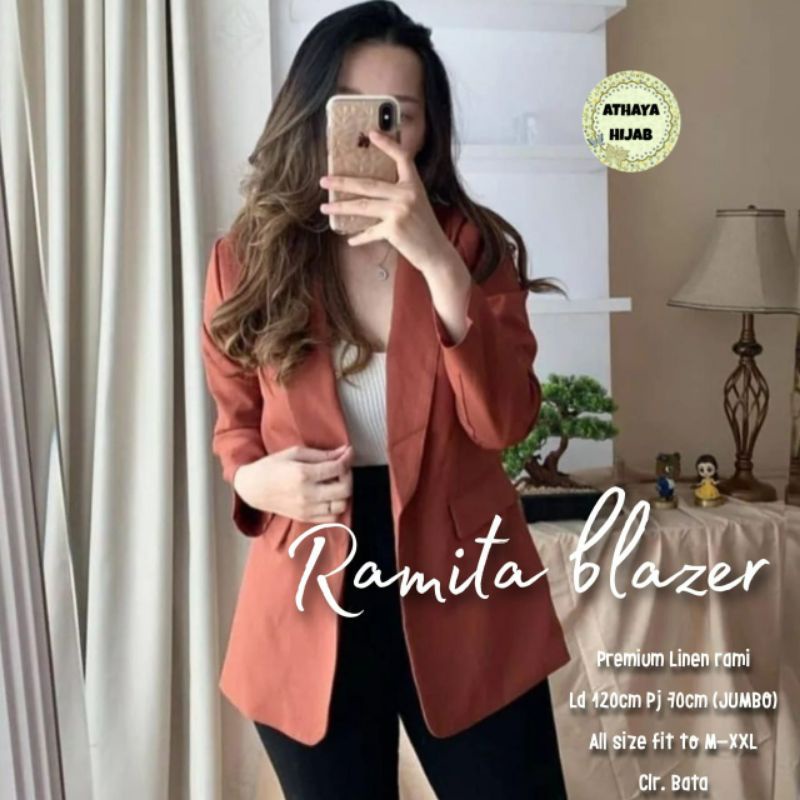 Blazer Wanita Jumbo Ramita Blezer Model Jas Wanita Terbaru 2022 Warna Hitam Kekinian Bahan Linen Ram