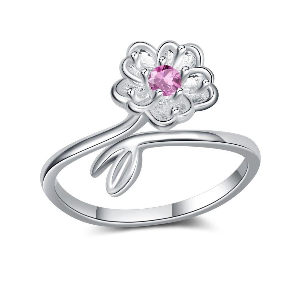 Cincin 925 Silver Desain Bunga Pandora Ruby Cubic Zirconia Diamond Ukuran Adjustable Untuk Pernikahan