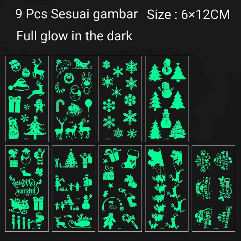 9 Pcs Full Glow In The Dark Temporary Tattoo Merry Christmas Day Tato Temporer Natal Tatto