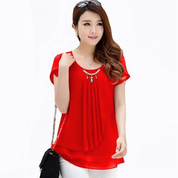 Fashion modern Baju Atasan wanita Blouse Korean Style Blus dgn Variasi Kalung Mutiara - Merah