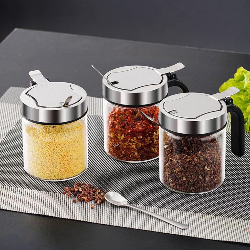 [Elegan] Toples Bumbu Garam Gula Dengan Sendok Organizer Stainless Steel Anti-Moisture Condiment Pot