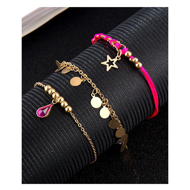 LRC Gelang Kaki Fashion Gold Alloy Disc Diamond Diamonding Hollow Line Rope Star Multilayer Anklet