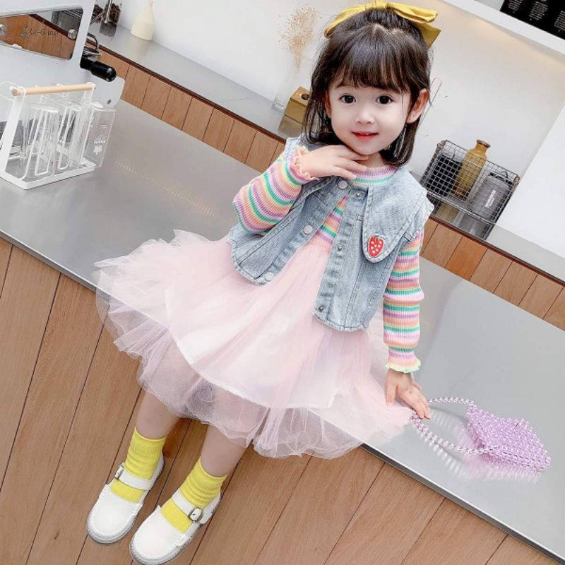 Dress Anak Perempuan PREMIUM Strawberry Rainbow Tutu