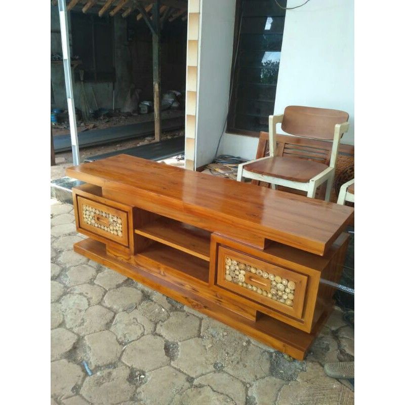 Meja tv minimalis model kaca mata kayu jati / bufet TV kayu jati asli produk Jepara / mebel Jepara