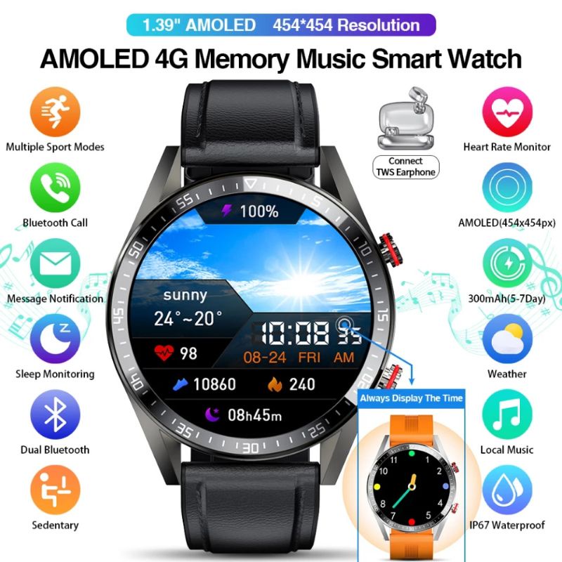Smartwatch Z18 AMOLED Always On Display 4Gb Storage music HR BP BO REX Pro