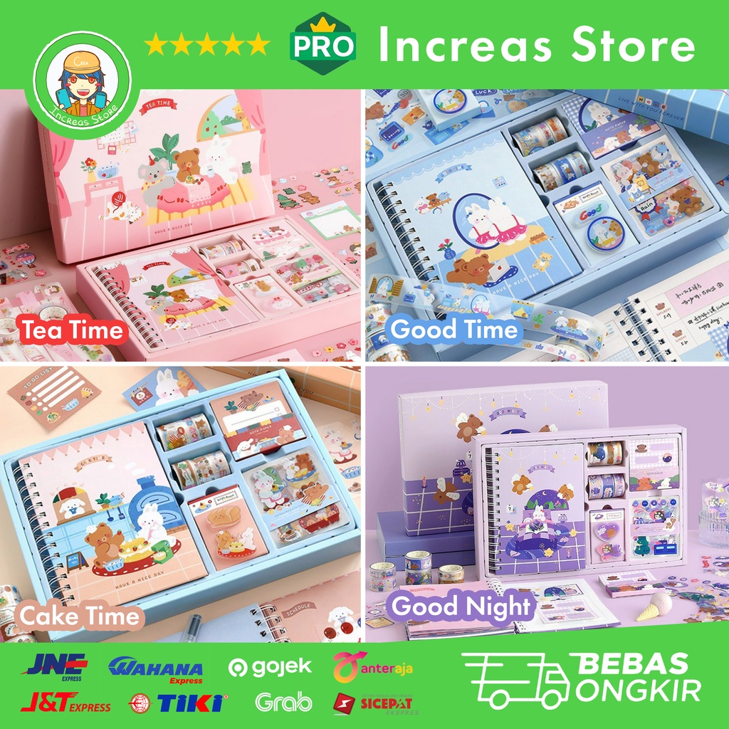 Paket Diary Set Bear , Rabbit and Friends - Notebook , Washi Tape , Sticker , Brooch dan Note Paper 