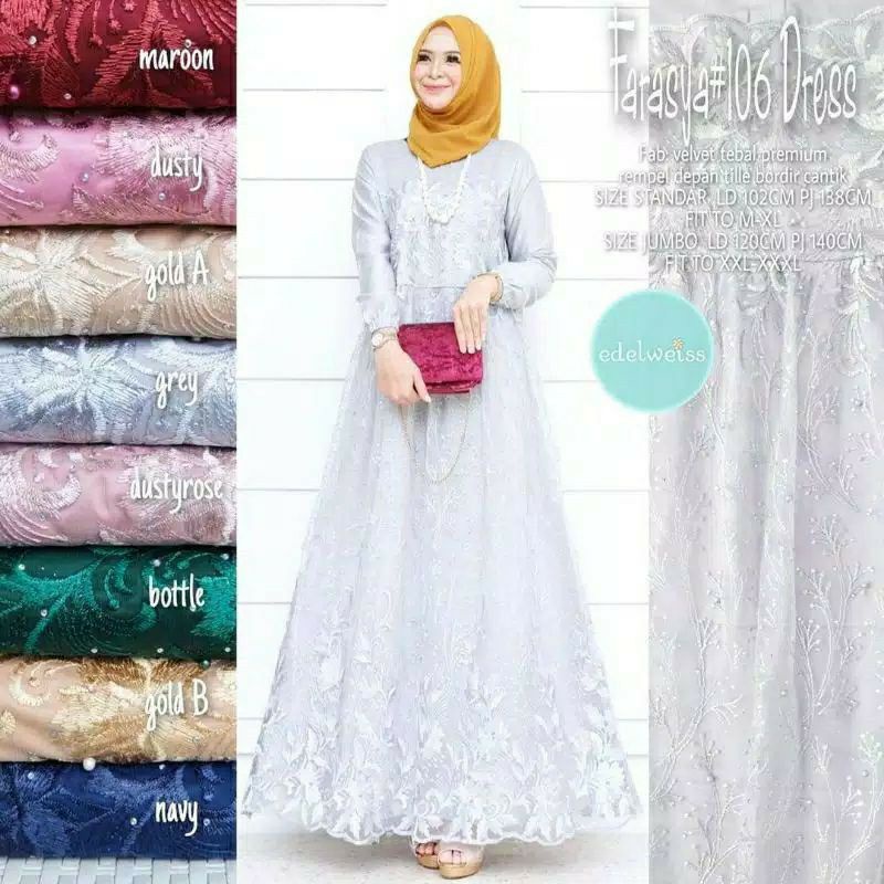 FARASYA (ADA JUMBO) GAMIS BROKAT FARASYA JUMBO  LD 120 DAN STANDAR LD 102 CM GAMIS TILE BORDIR MUTIARA GAMIS PESTA-PUTIH
