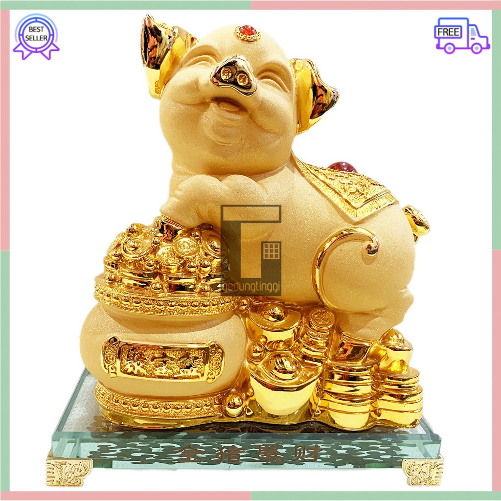 Patung Pajangan Imlek Shio Babi Yenpao Chrome Emas Gold Resin Hoki Rejeki Fengshui Lucky 12 Zodiak