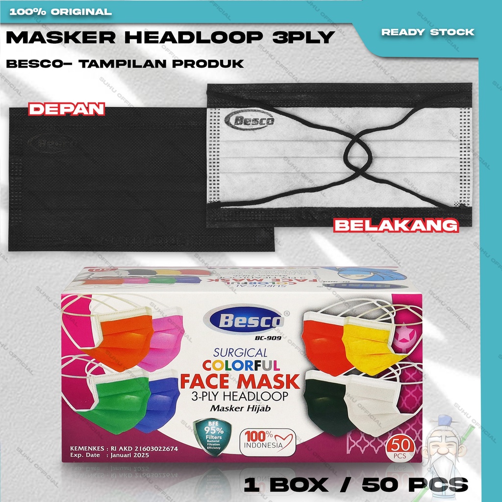 Masker Hijab Medis 3Ply BESCO Warna Hitam Black Headloop 3 Ply Surgical Mask Kemenkes