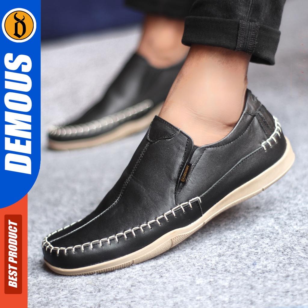 Sepatu Slip On Pria Sepatu Casual Pria Formal Kulit Asli Sepatu Pantofel Kerja Kantor Kuliah Kondangan Sepatu Slop Pria Sepatu Hitam Pria DEMOUS DIVOC