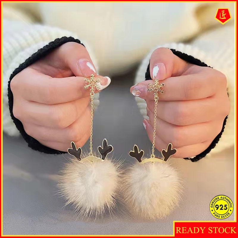 Anting Tusuk Gantung Wanita Desain Snowflakebola Bulu Wol Gaya Musim Gugurdinginnatal Untuk Hadiah