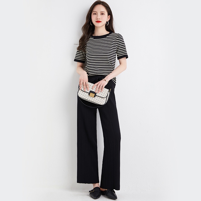 【Elegant】Korean Summer  Highwaist Long Pants &amp; Short Sleeve T-Shirt One Set   7479