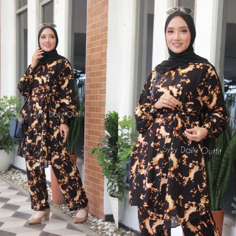 PROMO Setelan Piyama Tunik Wanita Hijab Busui Bahan Rayon Jumbo-Hitam Tie Dye