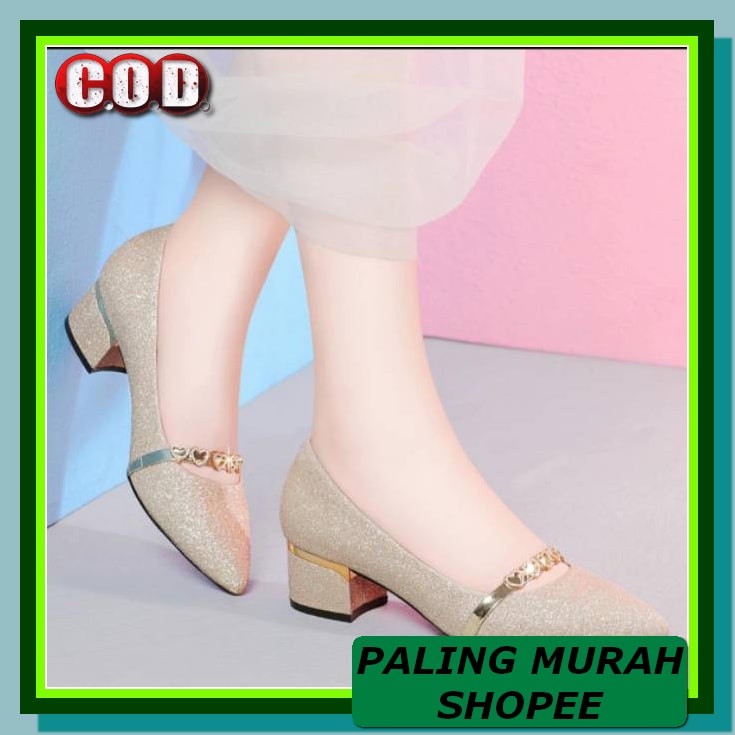 High Heels Wanita Sepatu Hak Fresha 8 Cm Import Batam Ori Terbaru HE927 Sepatu Pantofel Glitter Mn