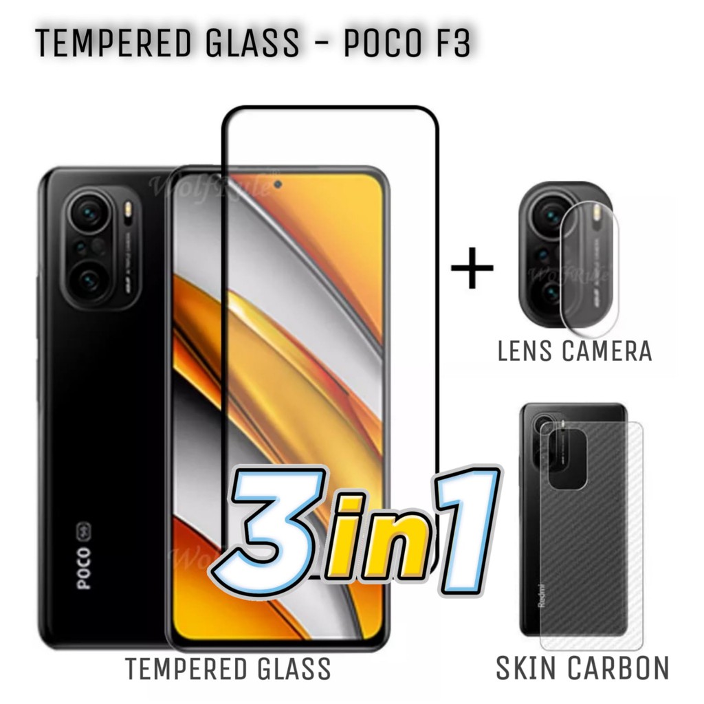 PROMO Paket 3in1 Tempered Glass Layar XIAOMI POCO F3 Free Tempered Glass Camera dan Skin Carbon