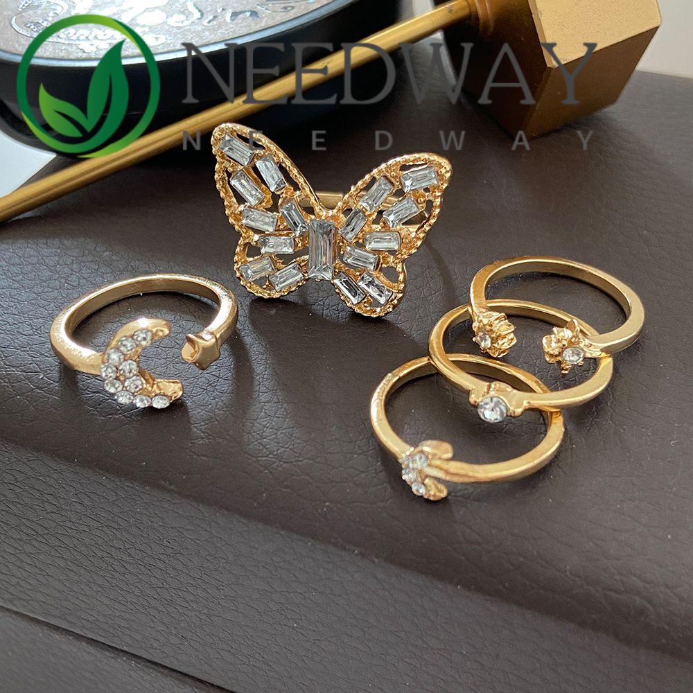 Set Cincin Jari Desain Butterfly Bulan Bintang Gaya Vintage Korea Untuk Hadiah Hari Valentine