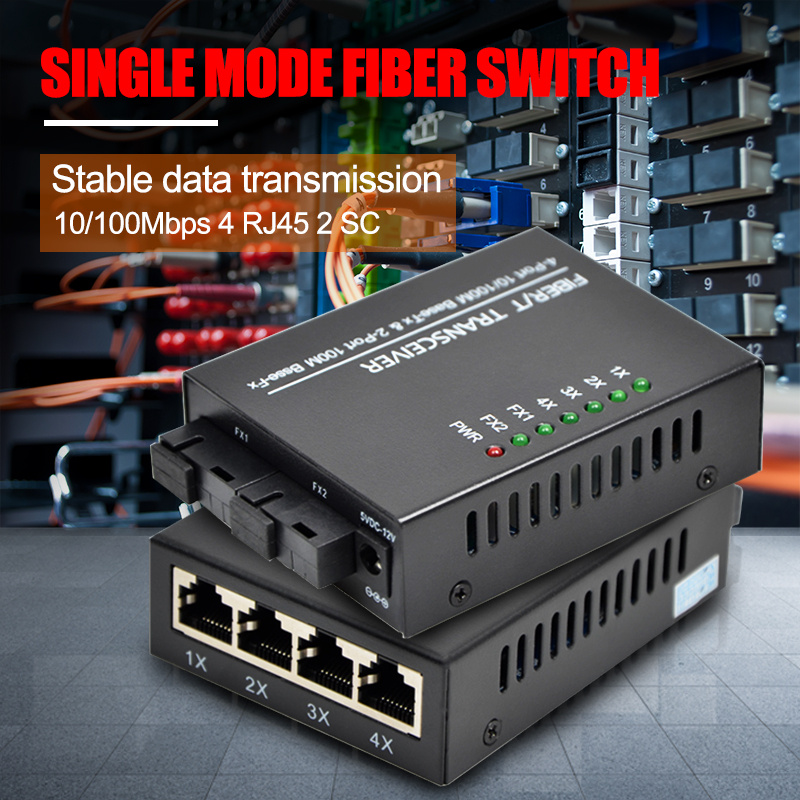 Fiber Converter 10/100Mbps 4 RJ45 2 SC Ethernet Switch Optical Media Converter Single Mode Fiber