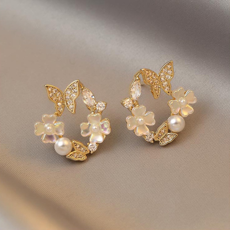 2Pcs Korea Bunga Anting,Mutiara Perak Jarum Kupu-kupu,Perhiasan Fashion Wanita