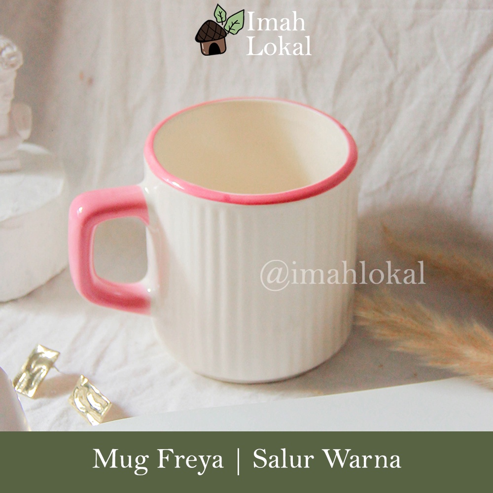 Mug Keramik Putih Salur Warna | Cangkir Cafe Kado| Gelas Estetik Korea