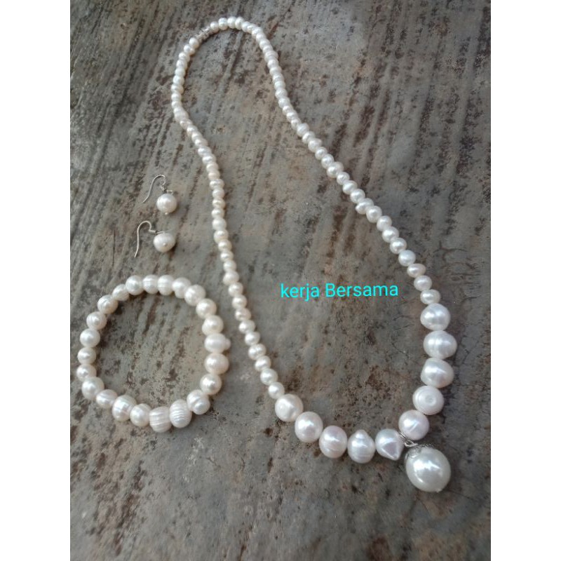 set mutiara asli air tawar liontin kulit kerang