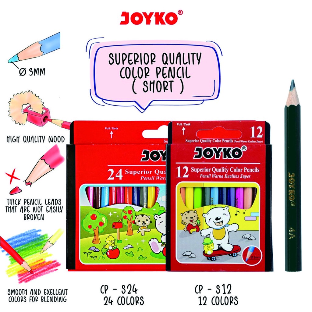 

Joyko Pensil Warna Mini Short Superior Quality Color Pencils Hexagonal Grip / CP-S12 / CP-S24