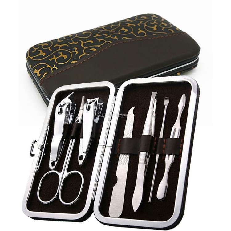 Gunting Kuku Set Stainless Steel Warna Hitam Manicure Pedicure Original Bayi Kucing Cantengan Miring Murah 7 in 1 Dompet Motif SB01