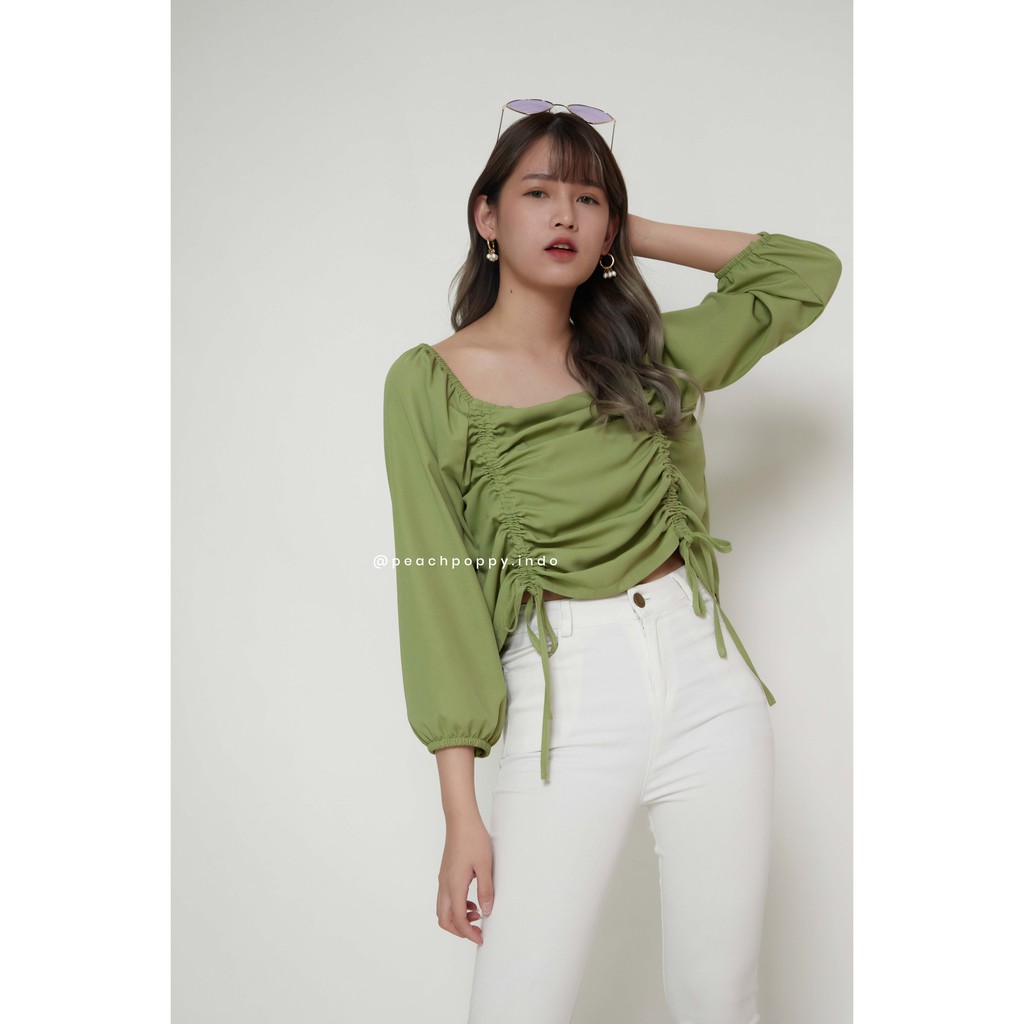 Korea Women Ruffle Top Squareneck Wanita Polos Atasan Serut Lengan Panjang - Camelia Top in Matcha