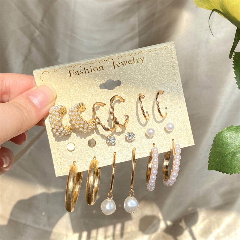 Gold Pearl Crystal Earrings Set 9 Pairs/set Silver Elegant Stud Earring for Women Jewelry Accessories