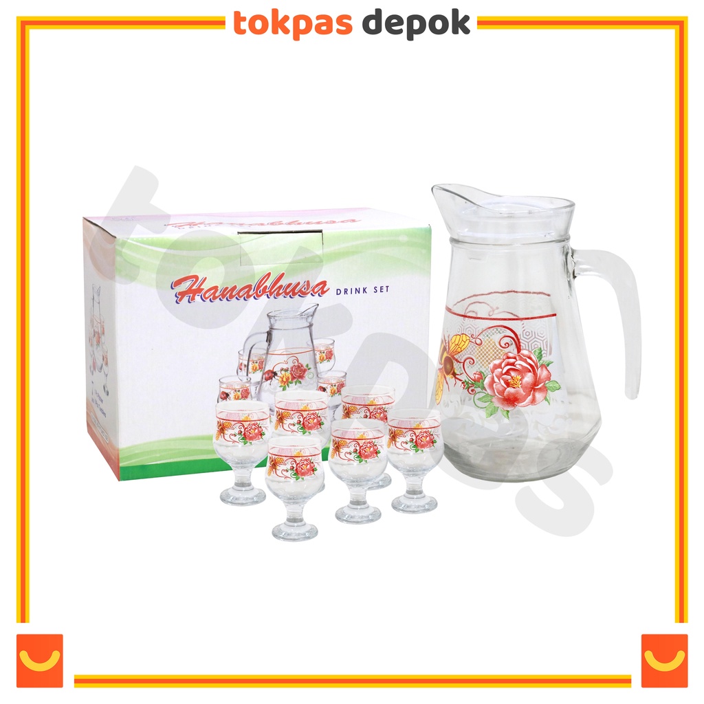 Pitcher Set 1 Liter 7 Pcs / 1 Teko Kaca + 6 Gelas Hanabhusa WJ 1000 C D 7 SA-004-M