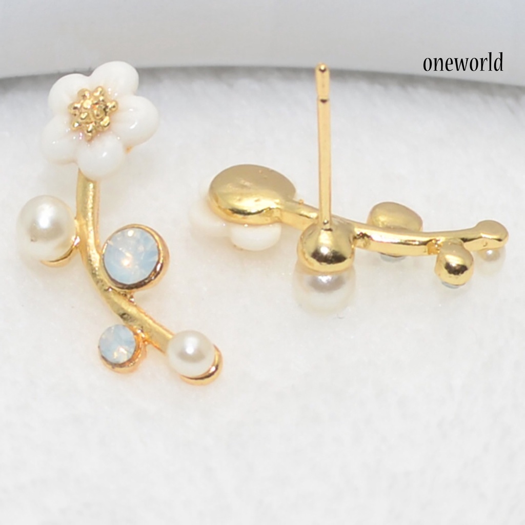 OW@ 1 Pair Women Flower Faux Pearl Rhinestone Earrings Ear Studs Jewelry Gift for Party