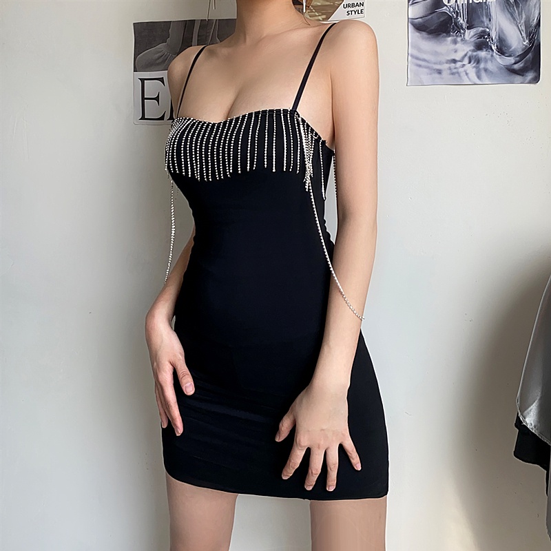 【AMY J】Sexy V-neck Low-cut Beaded Tassel Strap Hip Package Dress 7397