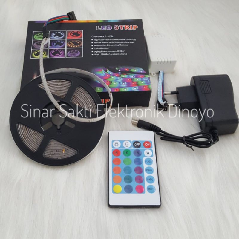 Lampu led strip rgb Remote warna warni ip44 set + adaptor 5m