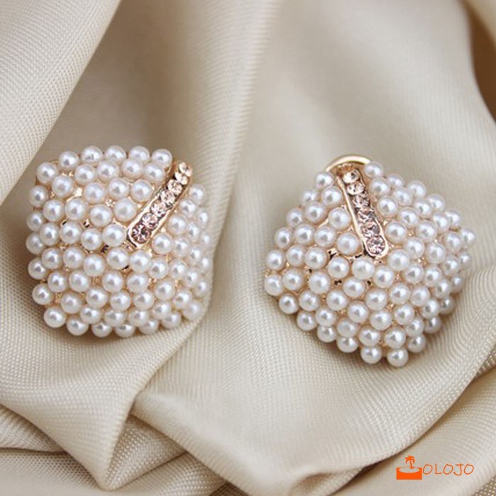 OLOJO Korea Fashion Wanita Stud Earrings Pearl Belah Anting Ketupat Kristal Berlian Imitasi Anting