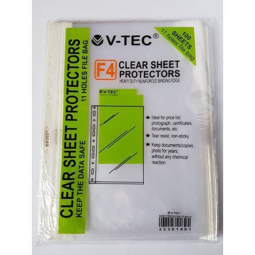 PP Pocket Sheets Protector F4 V-tec isi  100 sheet/ Plastik Pocket V-tec/ Sheet Protector Folio