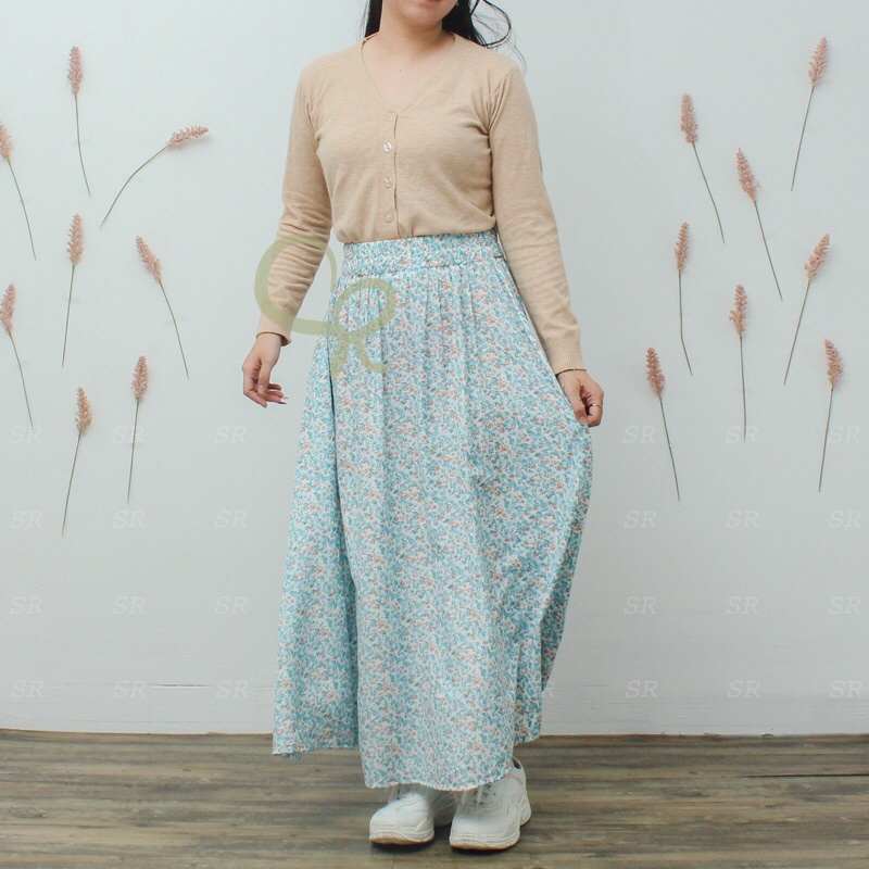 Rok Panjang Rayon Wanita Lebar Korean A-line Motif Floral Premium Ringan Dingin