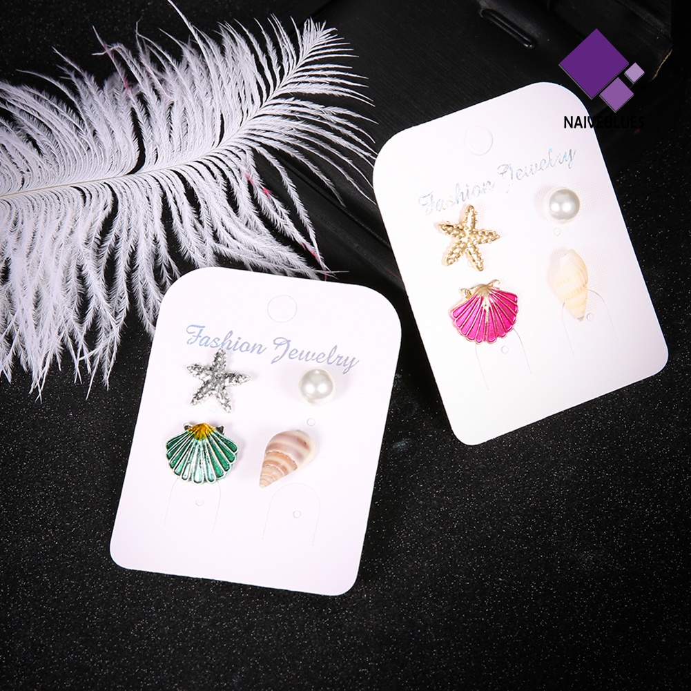 4pcs / Set Anting Stud Mutiara Kerang Bintang Laut Pantai Musim Panas Untuk Wanita