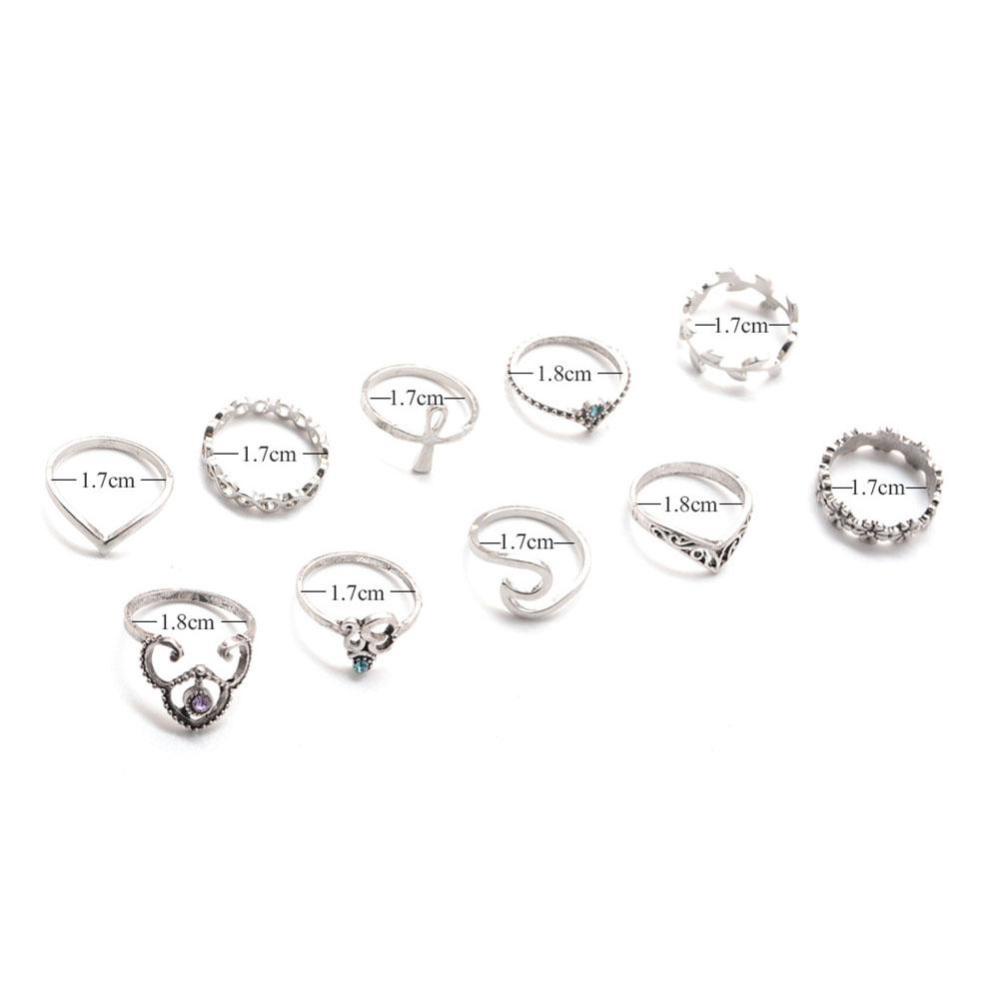 Timekey 10pcs / Set Cincin Midi Silver Wanita Desain Bunga / Daun Hollow Hias Kristal Berlian Imitasi A4K8