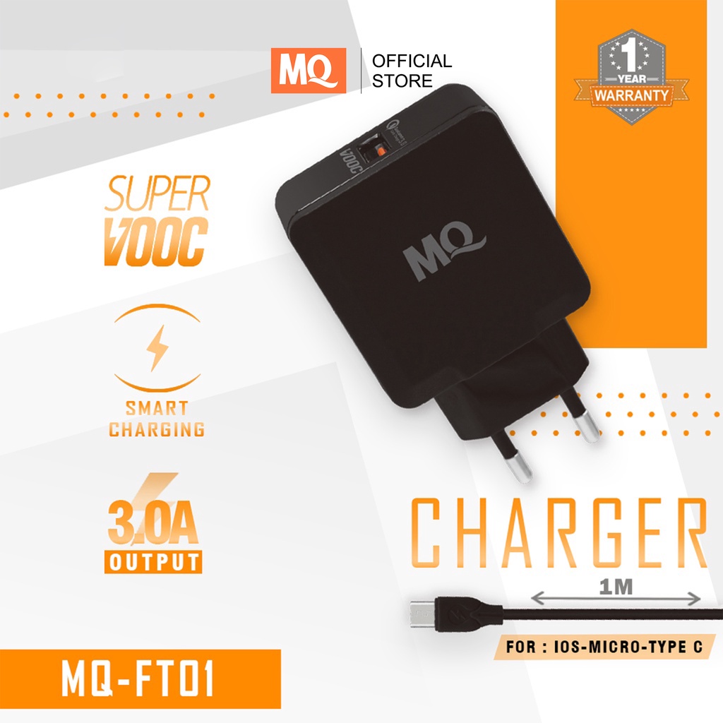 MQ Charger Qualcomm 3A 18W QC 3.0 with Cable Quick Charger Original MQ FT-01 - Garansi 1 tahun