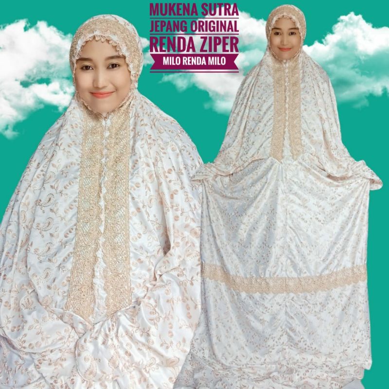 Mukena Terusan Sutra Jepang Ori Renda Zipper Mukenah Sutra Paris Renda Zipper Mukena Lajuran Dewasa 