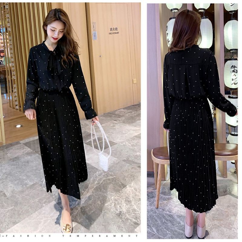 Korean Midi Dress Polkadot Plisket Lengan panjang Hitam