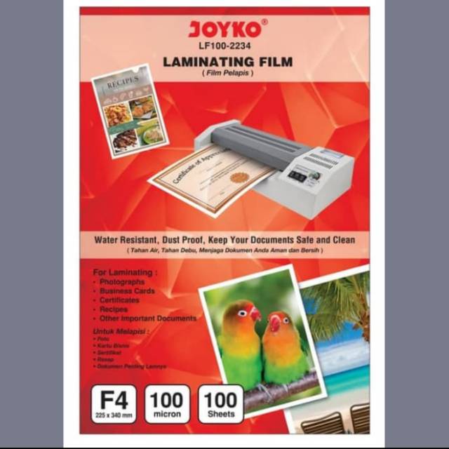 

Plastic Plastik laminating joyko 100 micron ukuran F4 Folio