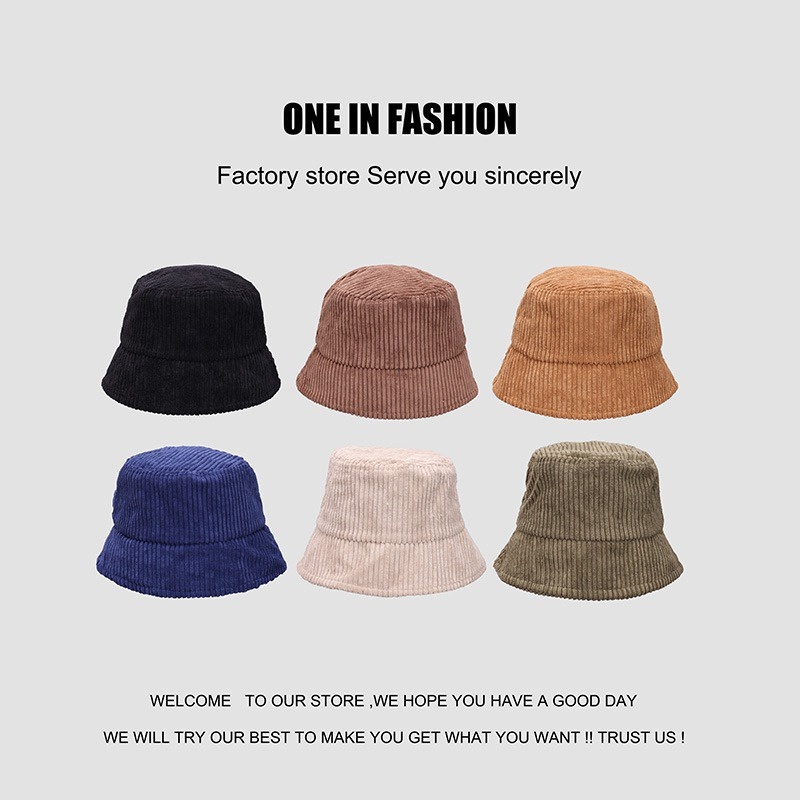 Topi Bucket Bahan Corduroy Motif Monokrom Tahan Angin Untuk Wanita