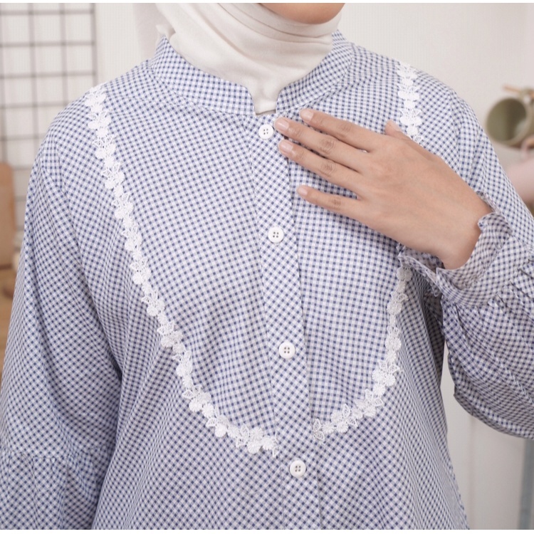 Ramee Miska Tunik putih dan motif Panjang 100 Katun Jepang motif kotak Renda Import