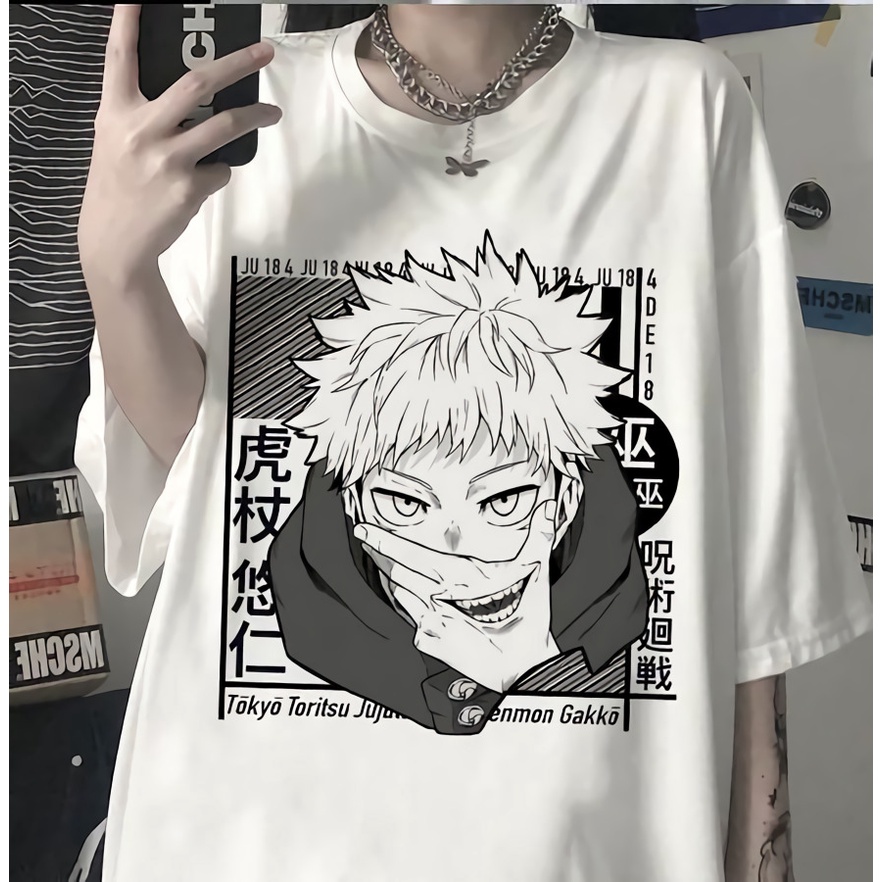 Tshirt Streetwear Itadori Yuji White Anime Manga Jujutsu Kaisen Unisex