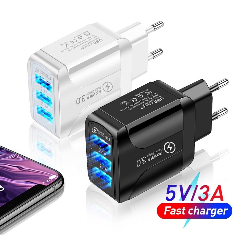 Adapter Charger Dinding 3 Port USB 15w Plug US / EU Untuk IPhone / Android