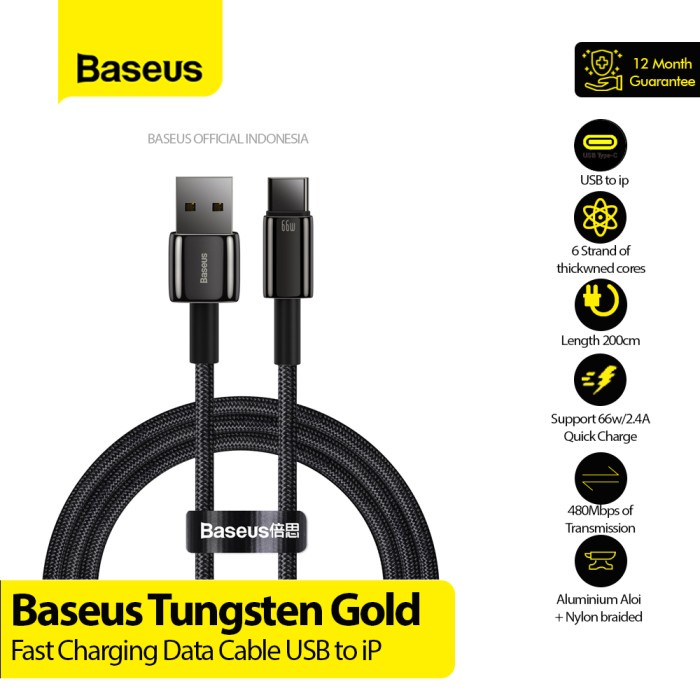 BASEUS Kabel Tungsten Gold Fast Charging Data USB to iP 2.4A - CALWJ